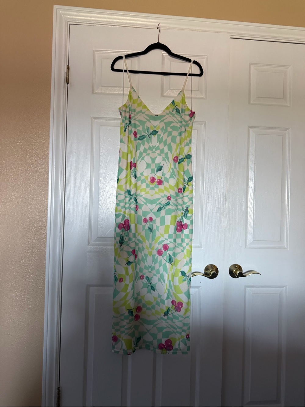 AFRM Lime Green Slip Midi Dress with Pink Cherry Print